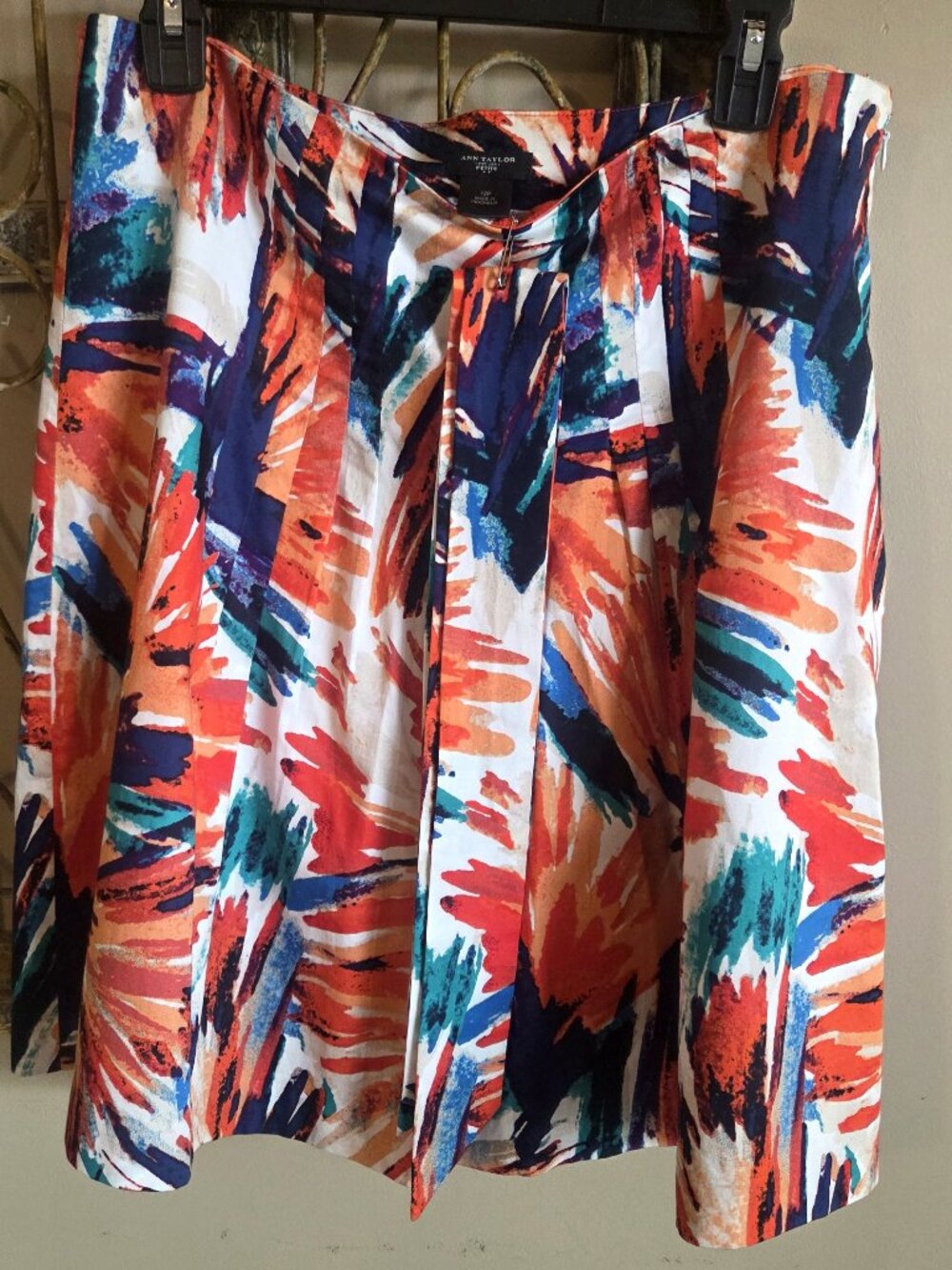 Ann Taylor Petite Pleated A-Line Skirt Orange Navy Brushstroke Belt Size 12P